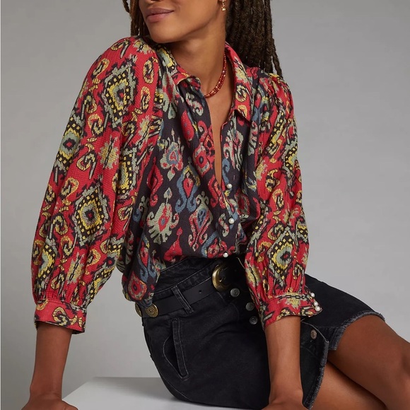 Anthropologie Tops - Anthropologie Forever That Girl Ikat Paisley Contrast Print Button Down